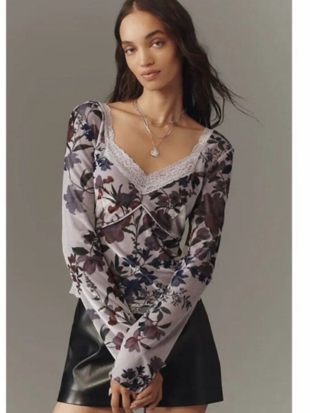 Anthropologie Floral Velvet Lace Trim Long Sleeve Top Size L NWOT
